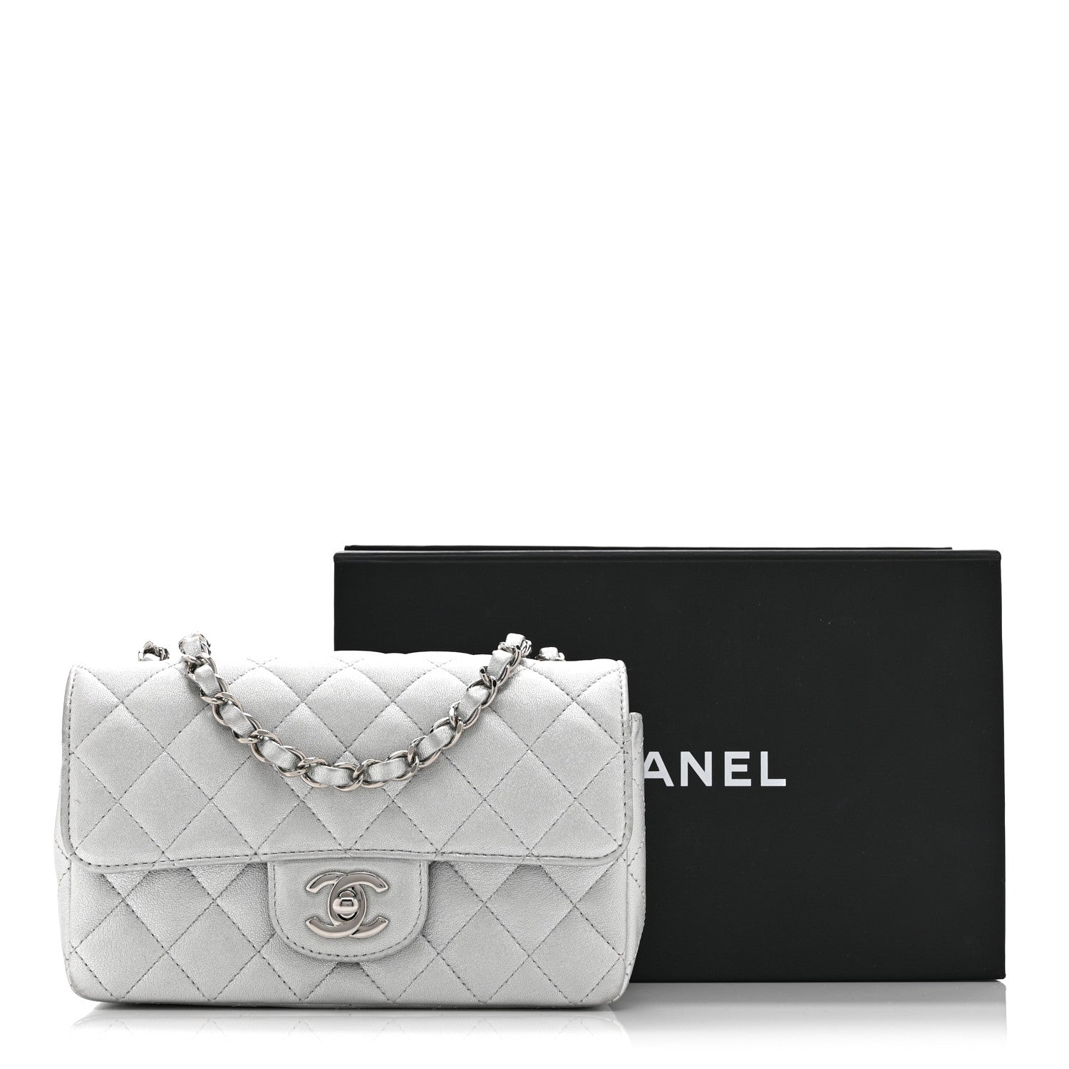 Metallic Lambskin Quilted Mini Rectangular Flap Silver