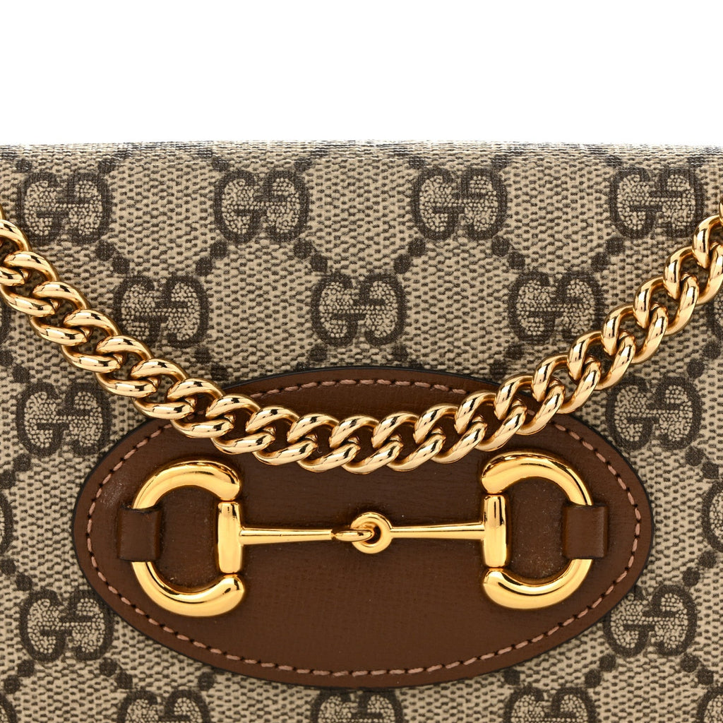 GG Supreme Monogram Azalea Calfskin Horsebit 1955 Wallet On Chain Beige Ebony Brown Sugar