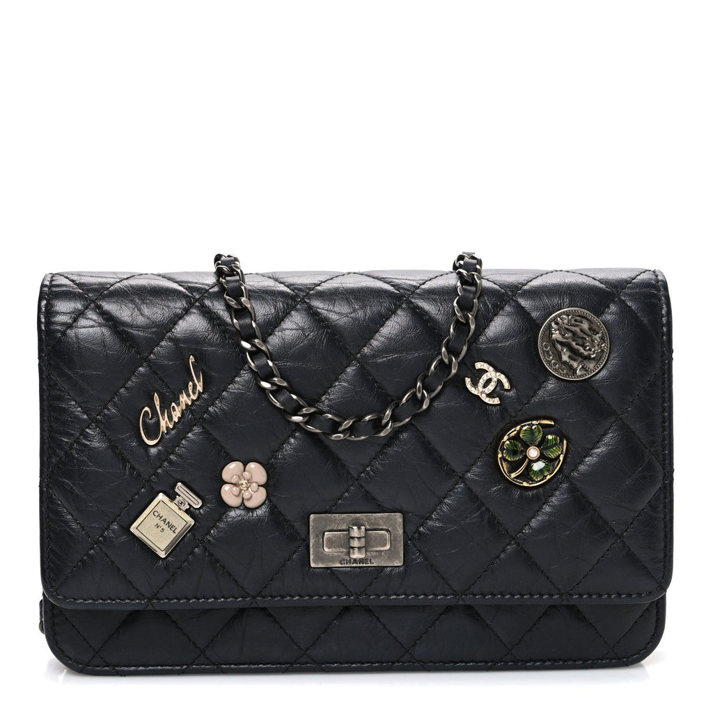 Aged Calfskin Quilted Lucky Charms 2.55 Reissue Wallet On Chain WOC Black