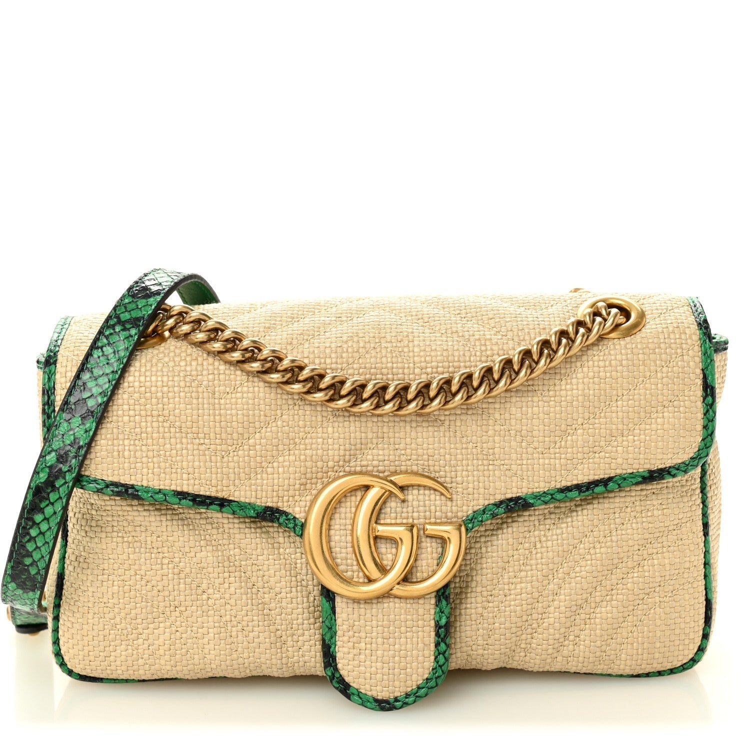 Raffia Elaphe Matelasse Small GG Marmont Shoulder Bag Natural New Shamarock