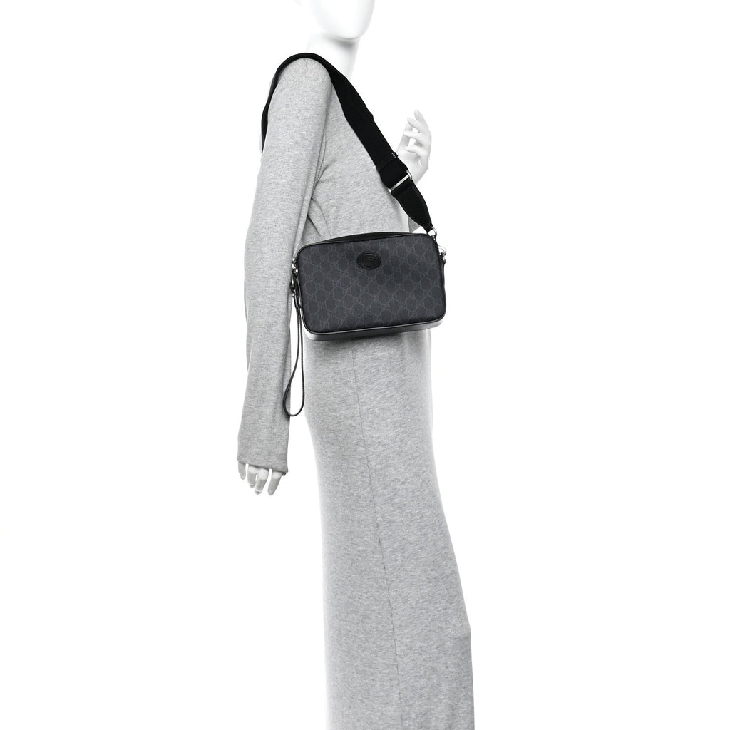 GG Supreme Monogram Azalea Calfskin Retro Interlocking G Wristlet Shoulder Bag Black