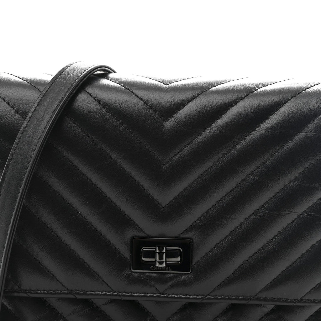 Aged Calfskin Chevron Quilted Reissue 2.55 Square Wallet On Chain WOC So Black