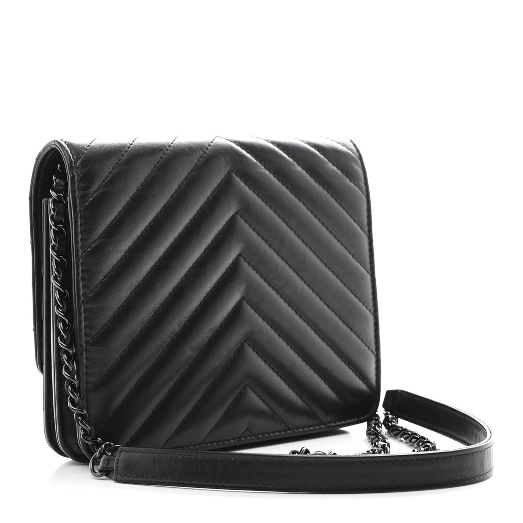 Aged Calfskin Chevron Quilted Reissue 2.55 Square Wallet On Chain WOC So Black