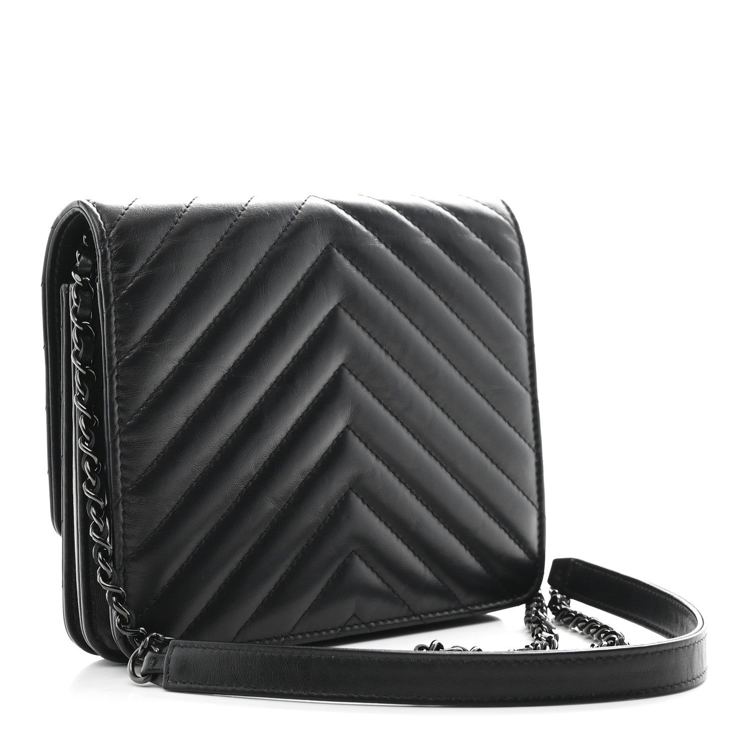 Aged Calfskin Chevron Quilted Reissue 2.55 Square Wallet On Chain WOC So Black