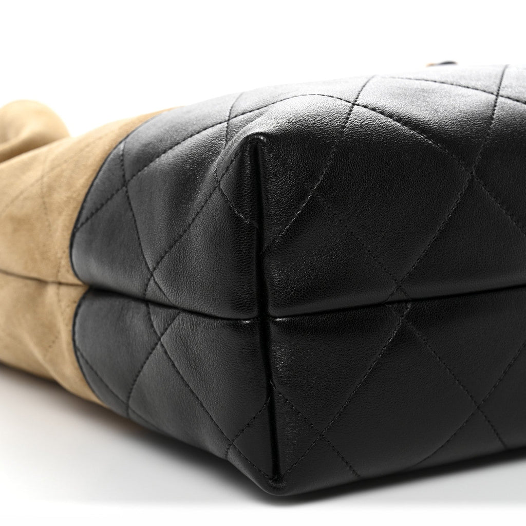 Suede Calfskin Shiny Lambskin Quilted Coco Base Shopping Bag Beige Black