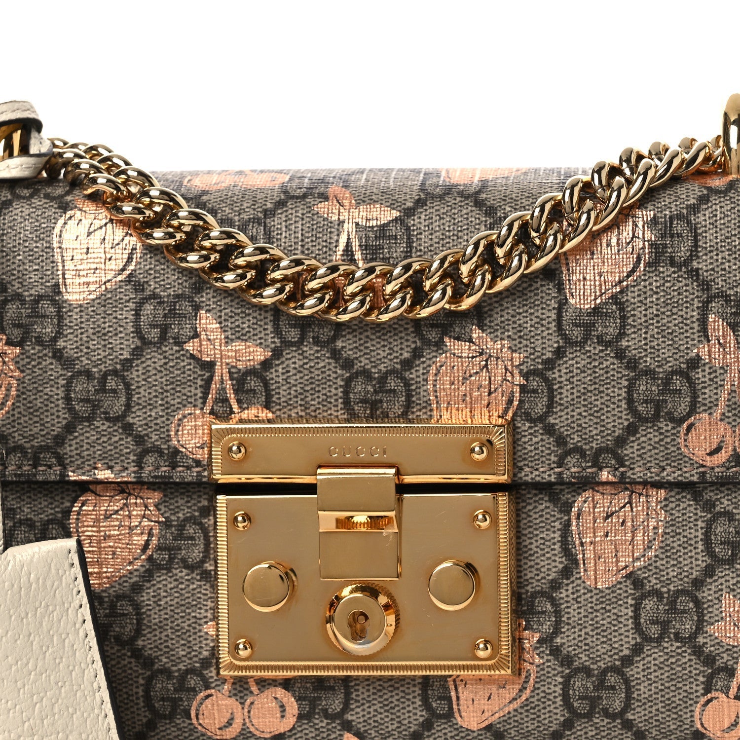 GG Supreme Monogram Berry Textured Dollar Calfskin Small Padlock Shoulder Bag Beige Ebony Light Copper Mystic White