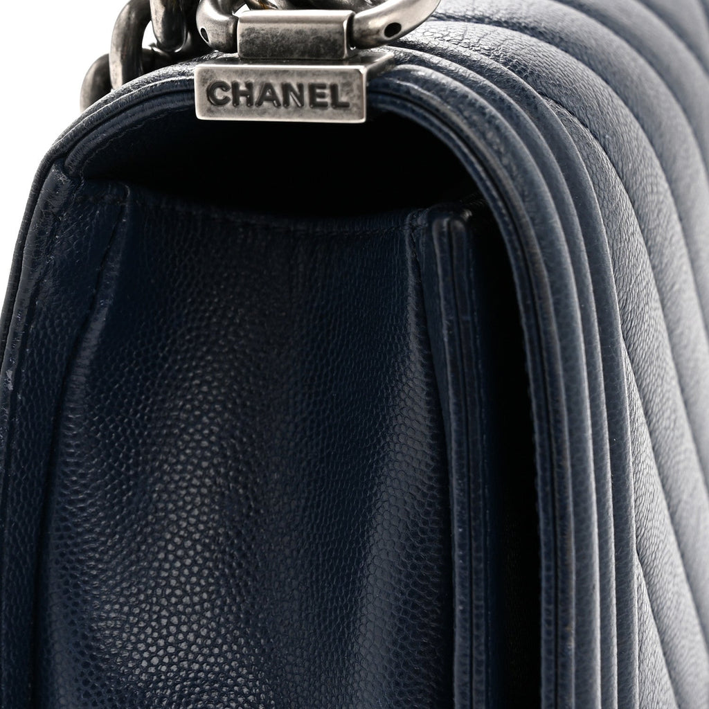 Caviar Chevron Quilted Medium Boy Flap Navy