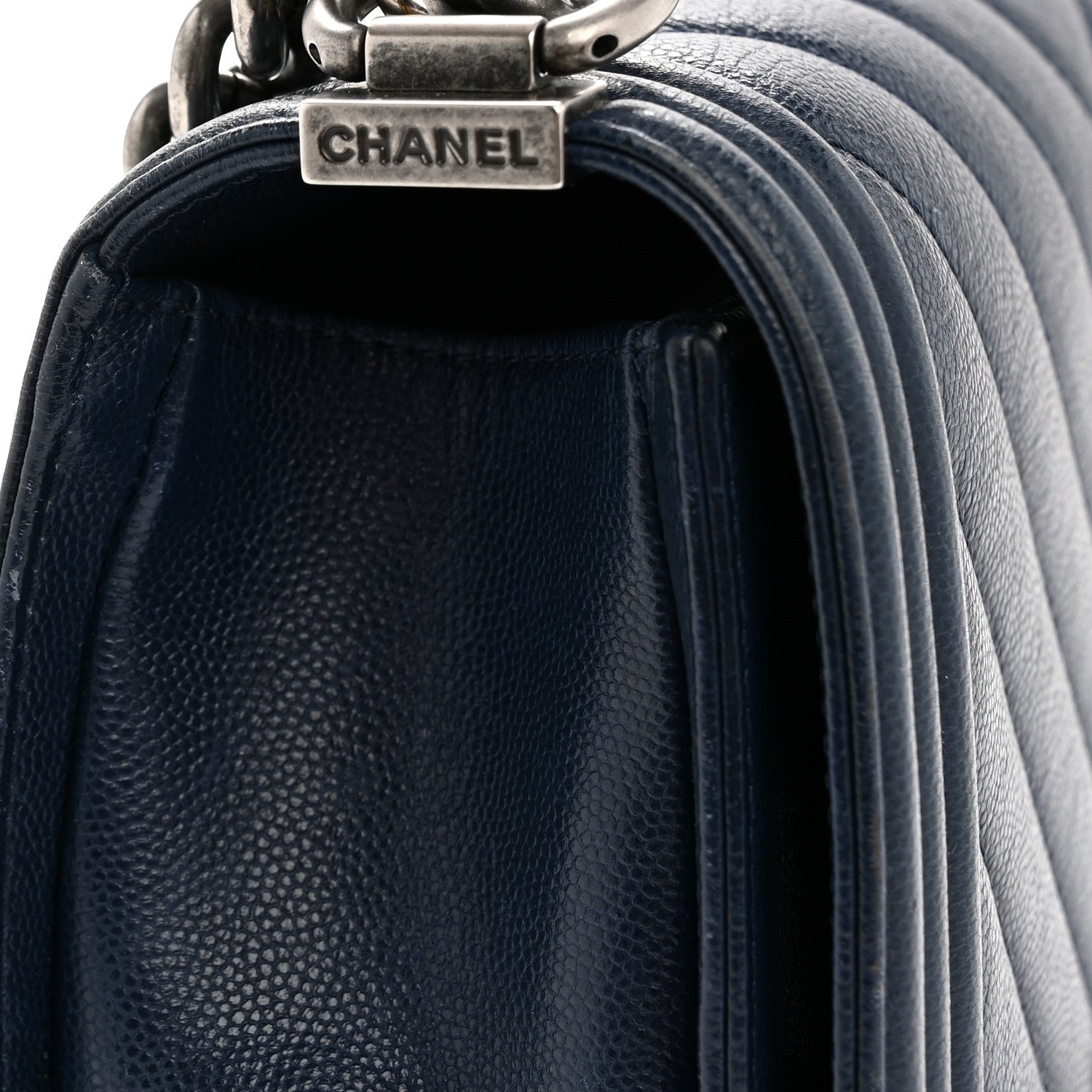 Caviar Chevron Quilted Medium Boy Flap Navy