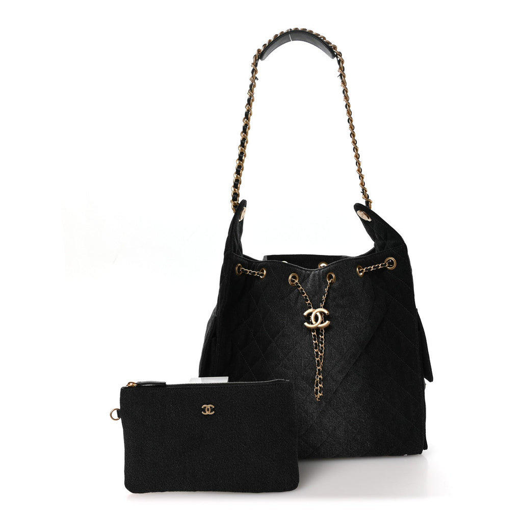 Washed Denim Quilted Medium Chanel 25 Handbag Black