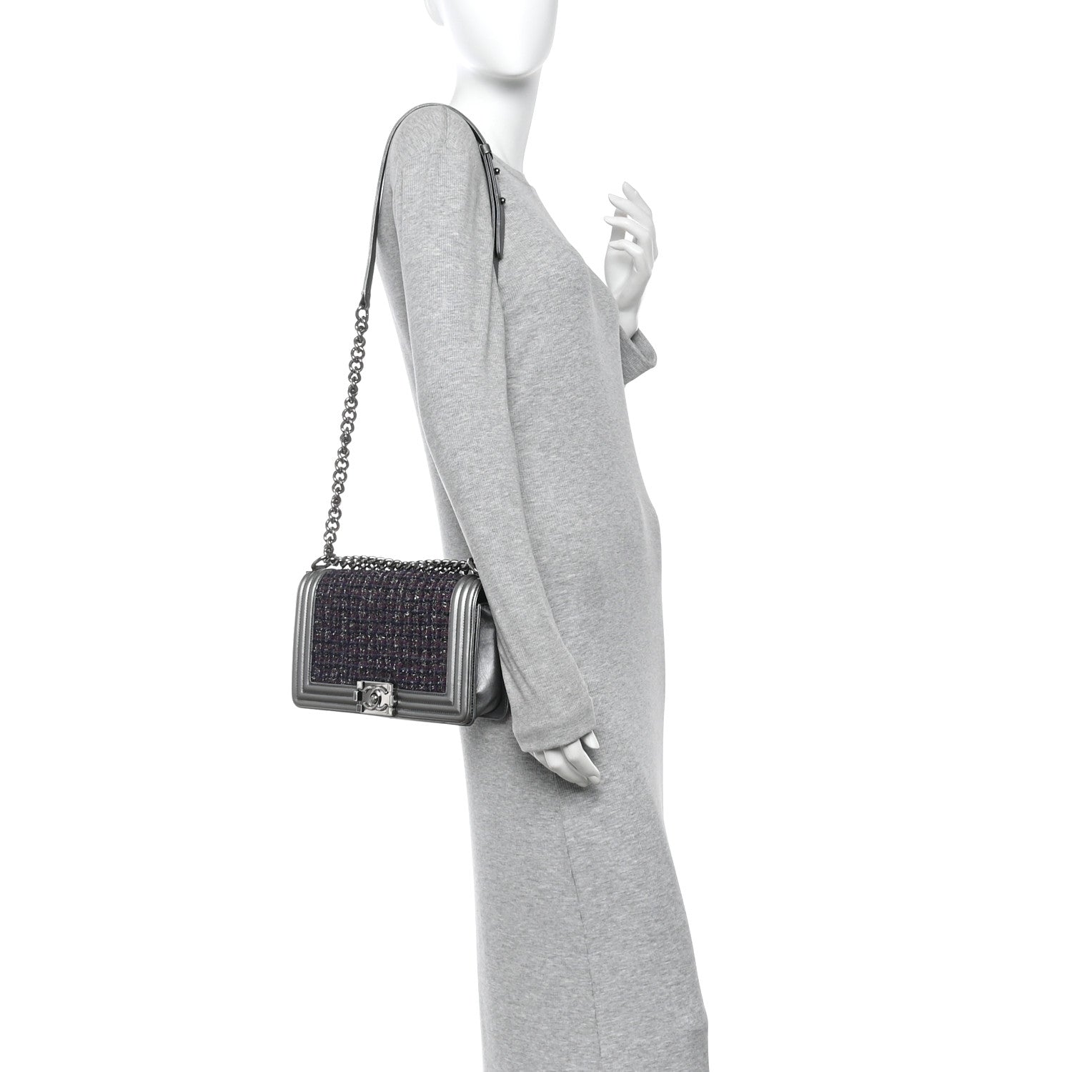 Tweed Metallic Lambskin Medium Boy Flap Silver