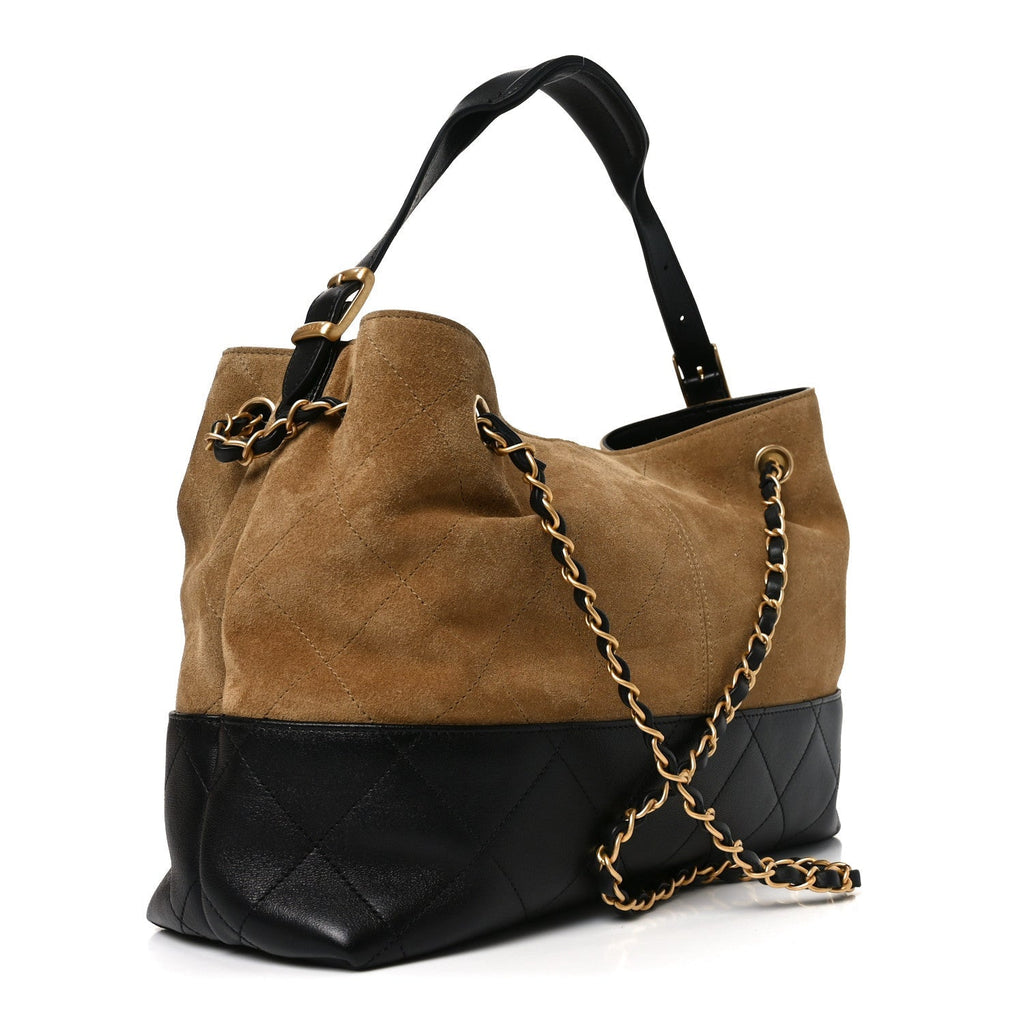 Suede Calfskin Shiny Lambskin Quilted Small Coco Base Shopping Bag Beige Black