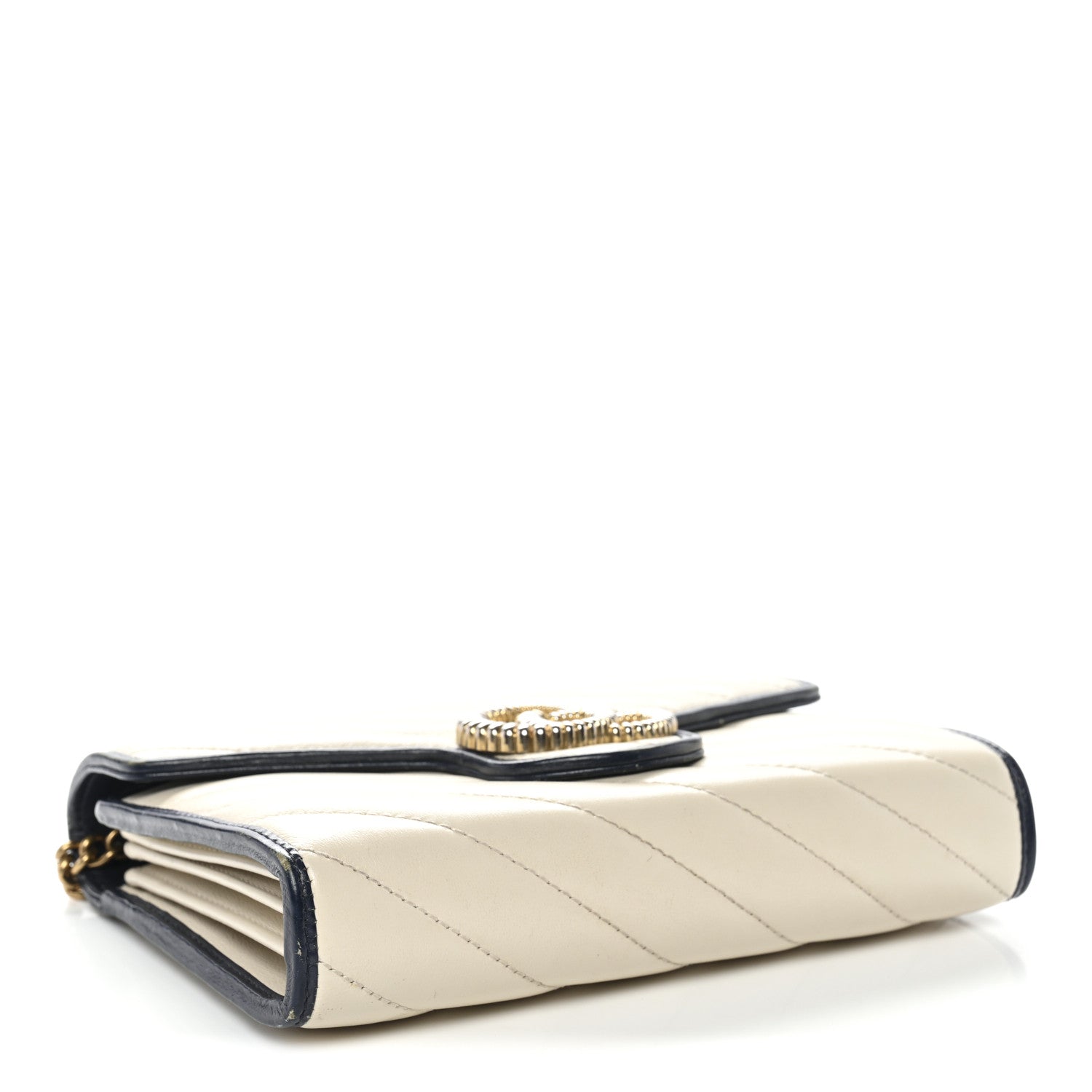 Vintage Effect Calfskin Matelasse Diagonal Torchon GG Marmont Chain Wallet Mystic White Blue Agata