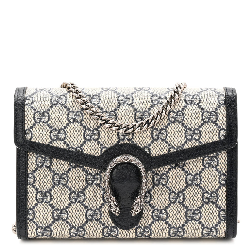 GG Supreme Monogram Textured Dollar Calfskin Mini Dionysus Chain Wallet Beige Blue
