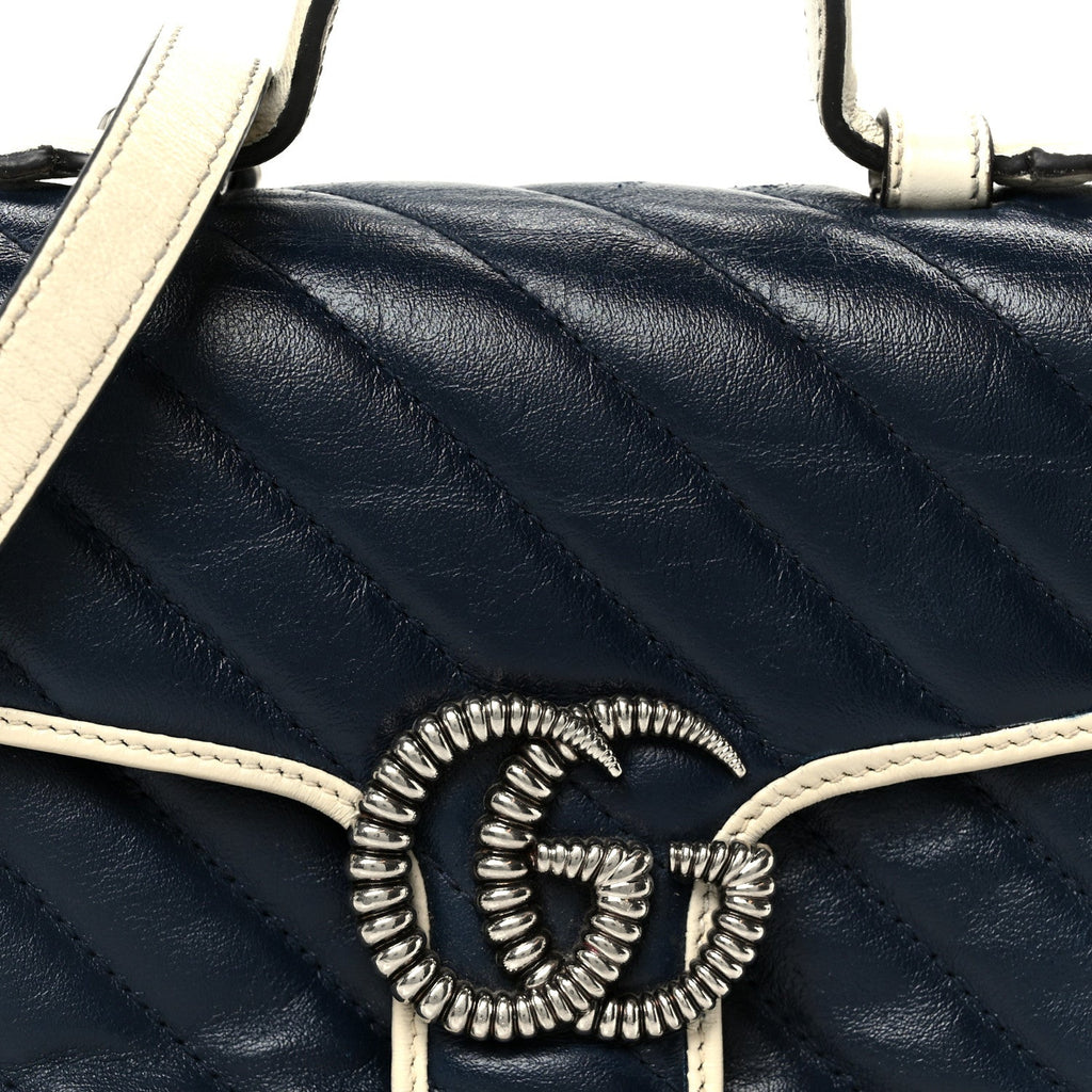 Vintage Effect Calfskin Matelasse Diagonal Mini Torchon GG Marmont Top Handle Shoulder Bag Blue Agata Mystic White