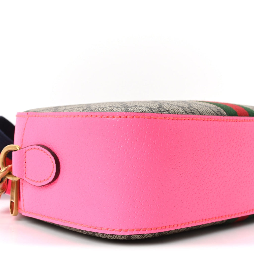 GG Supreme Monogram Textured Dollar Calfskin Web Ophidia Small Crossbody Bag Beige Ebony Fuchsia