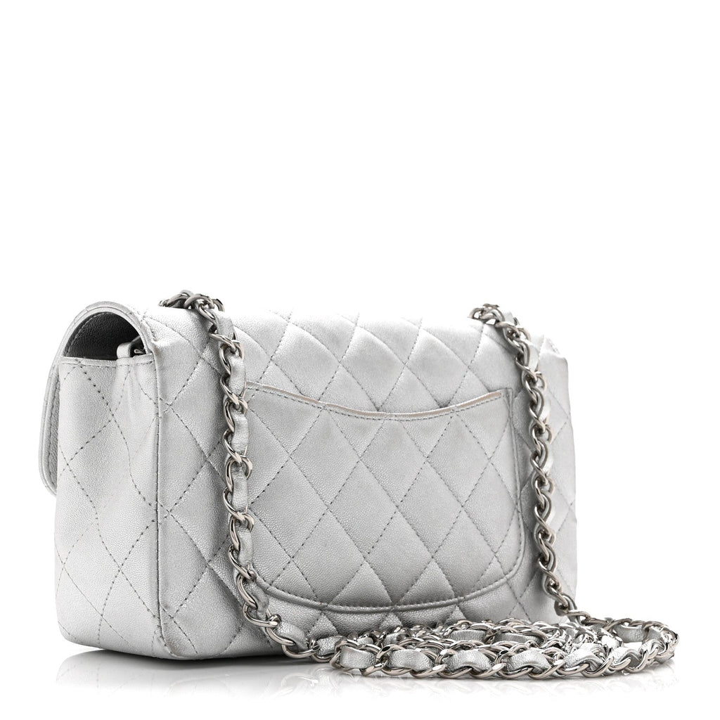 Metallic Lambskin Quilted Mini Rectangular Flap Silver