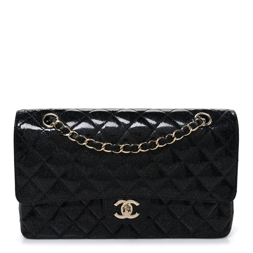 Patent Quilted Sparkle Glitter Medium Double Flap Black