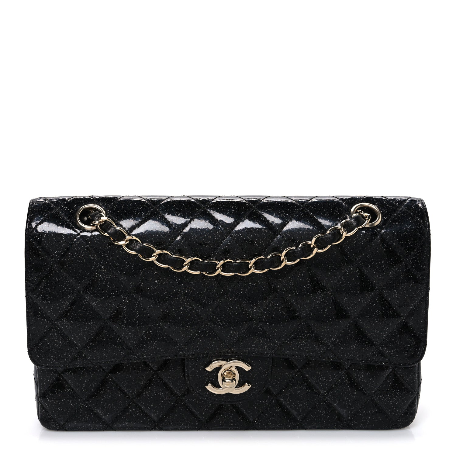 Patent Quilted Sparkle Glitter Medium Double Flap Black