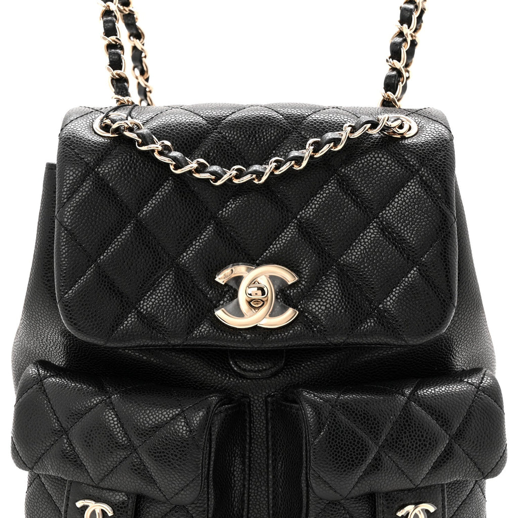 Shiny Caviar Quilted Medium Duma Pockets Drawstring Backpack Black