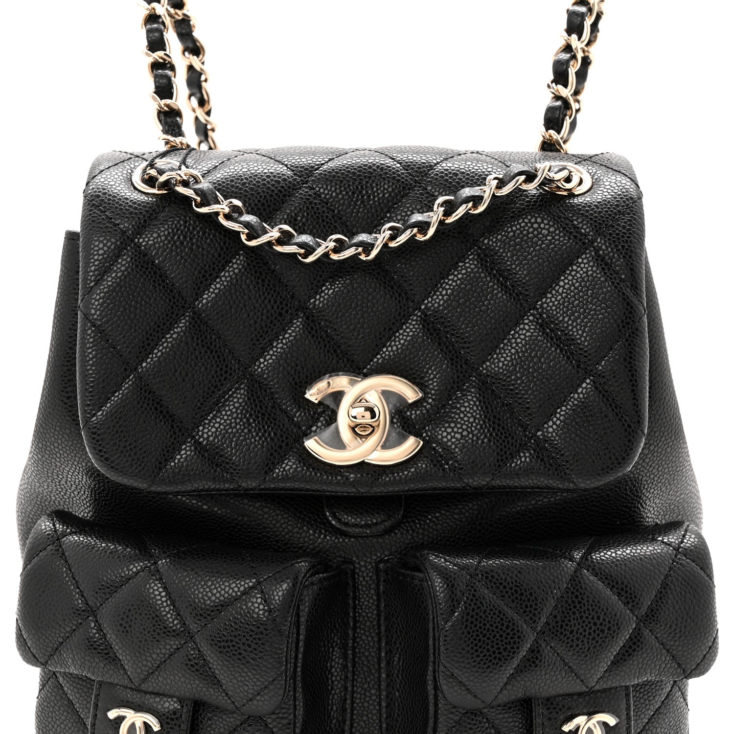 Shiny Caviar Quilted Medium Duma Pockets Drawstring Backpack Black