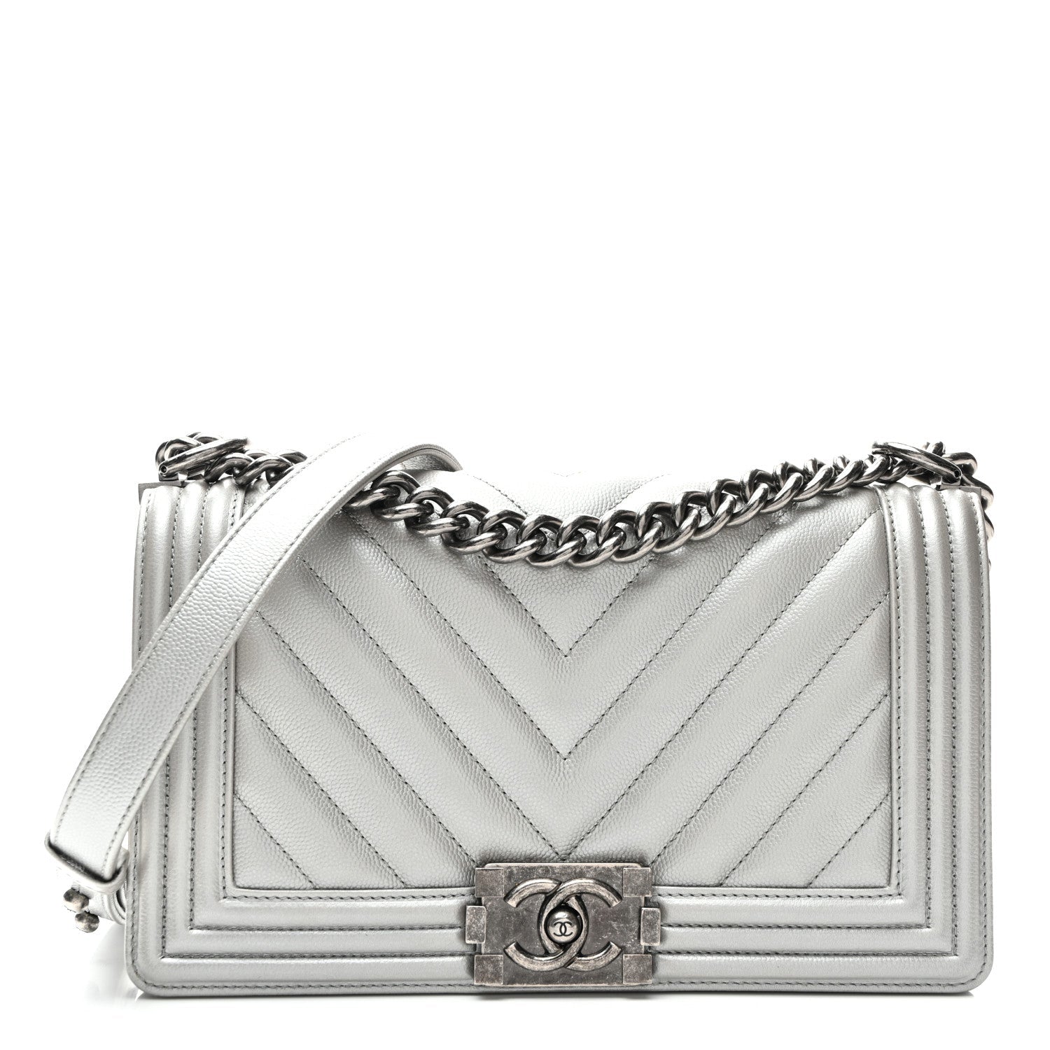 Metallic Caviar Chevron Quilted Medium Boy Flap Silver