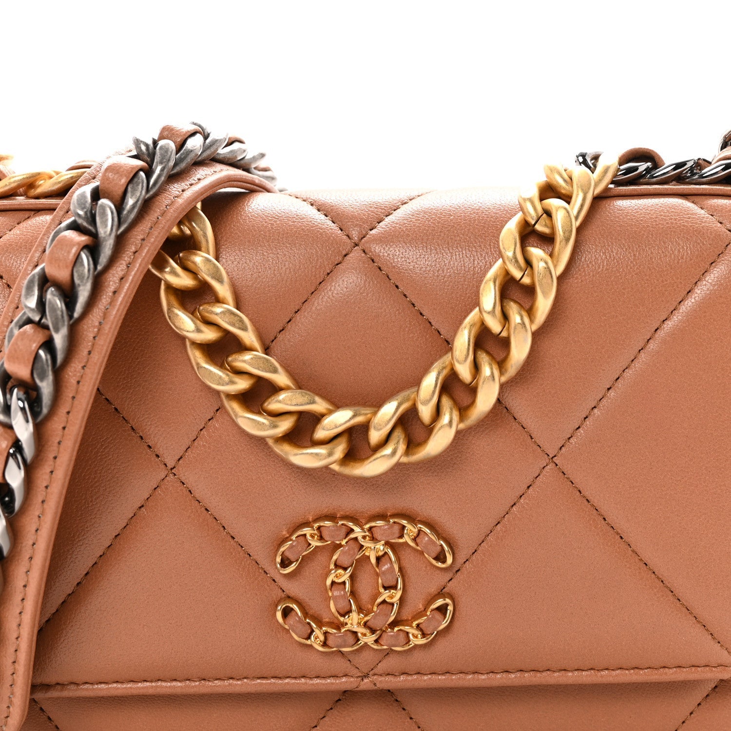 Lambskin Quilted Chanel 19 Wallet On Chain WOC Brown