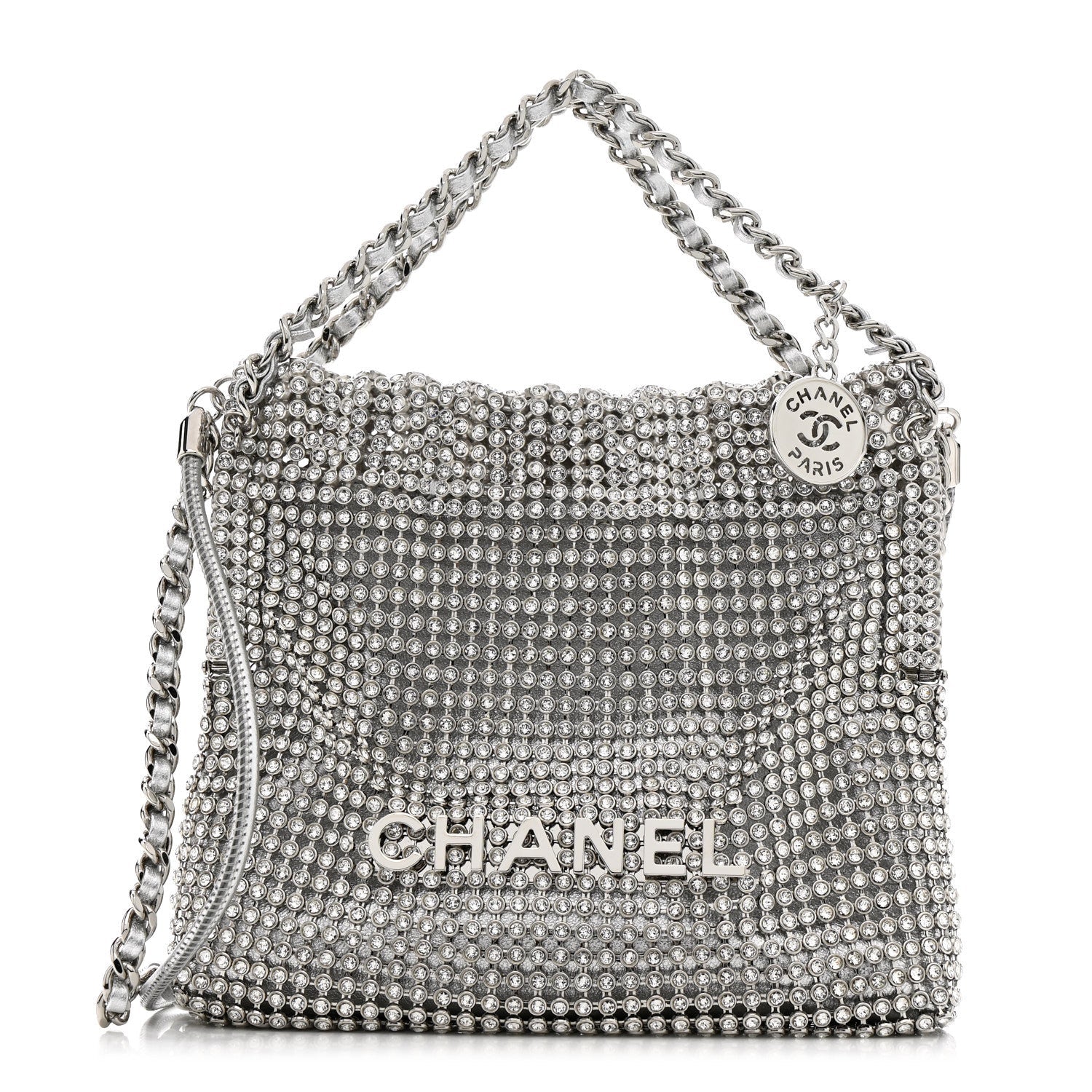 Crystal Embellished Metallic Lambskin Mini Chanel 22 Silver