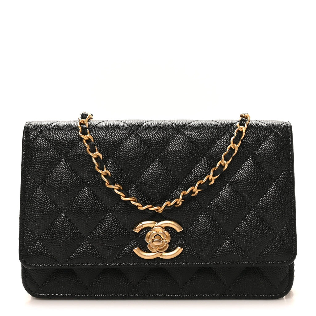 Caviar Quilted Camellia Wallet On Chain WOC Black