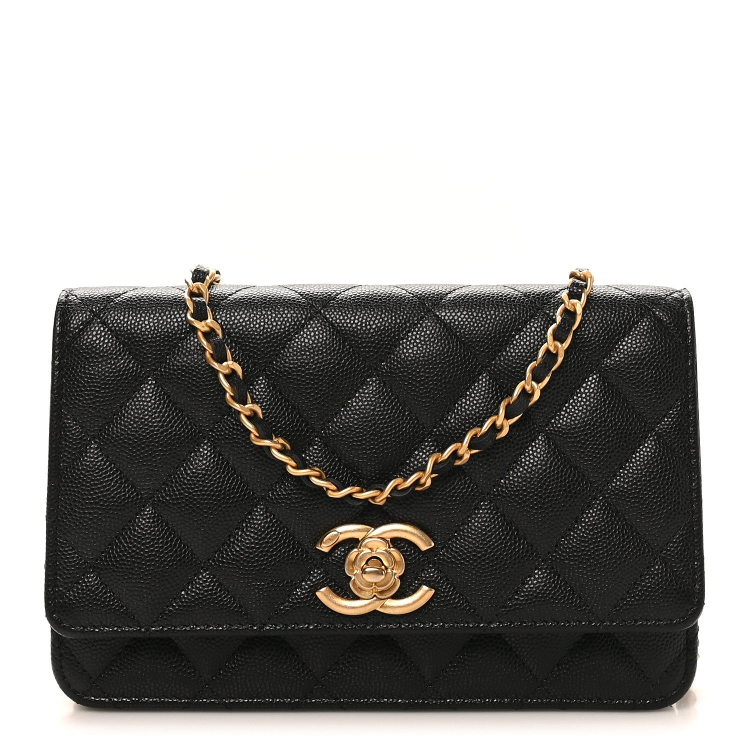 Caviar Quilted Camellia Wallet On Chain WOC Black