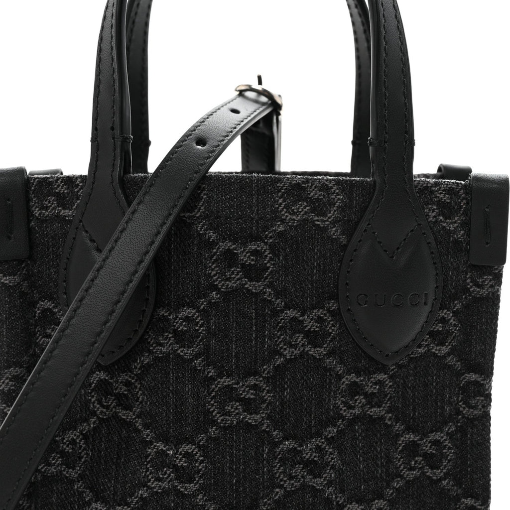 Denim Cuoio Harness GG Monogram Mini Ophidia Tote Bag  Black Medium Grey