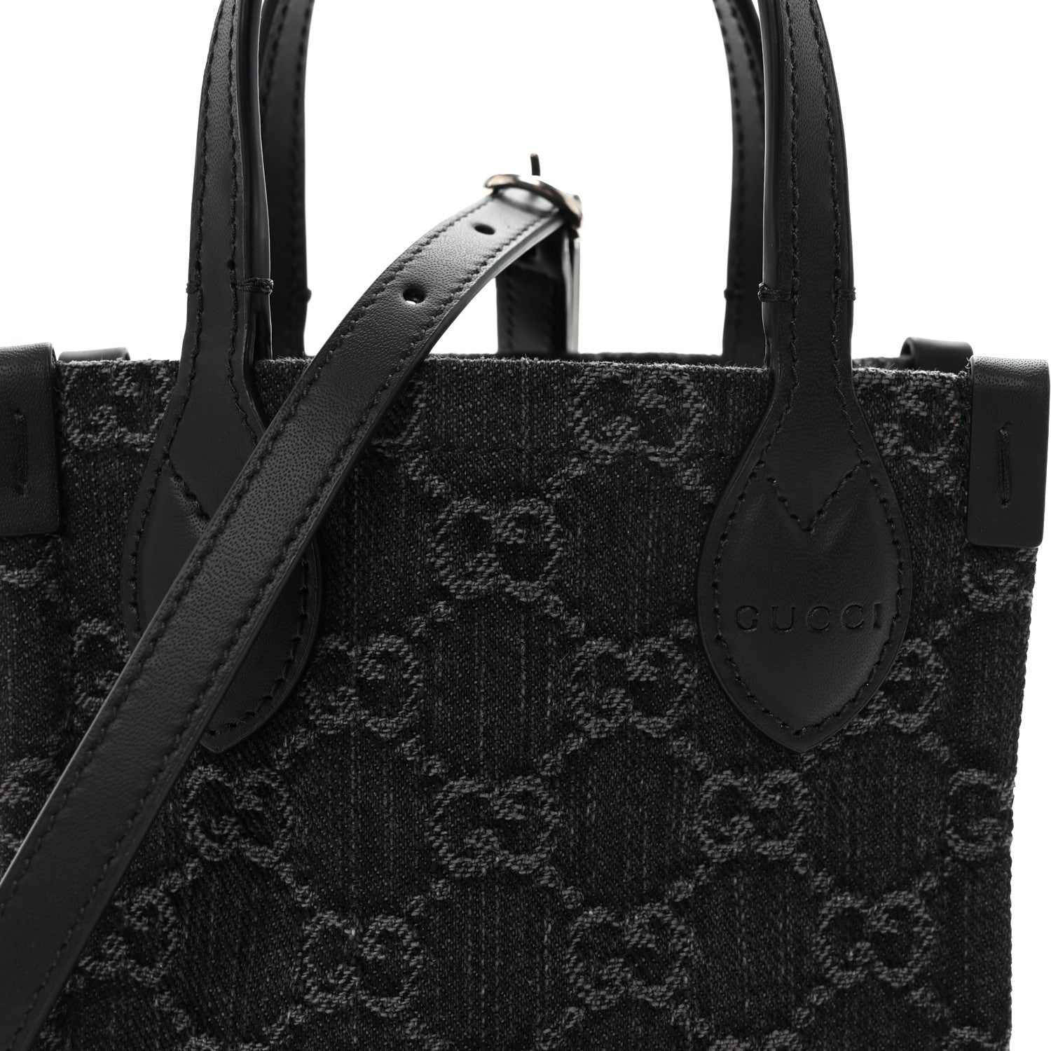 Denim Cuoio Harness GG Monogram Mini Ophidia Tote Bag  Black Medium Grey