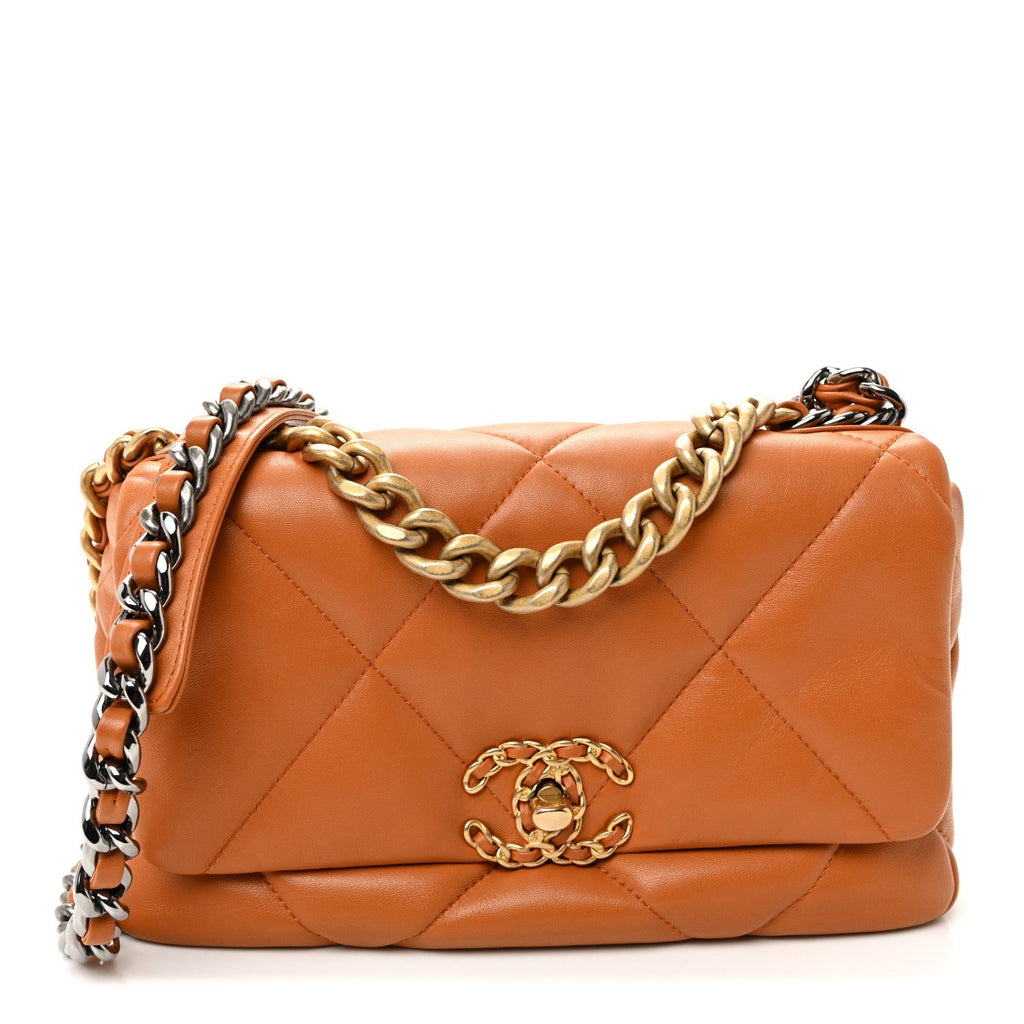 Lambskin Quilted Medium Chanel 19 Flap Light Brown