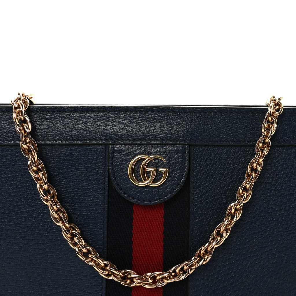 Textured Calfskin Web Medium Ophidia Chain Shoulder Bag Blue Agata