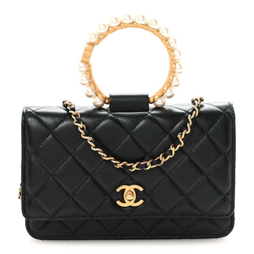 Lambskin Quilted Pearl Crown Wallet On Chain WOC Black