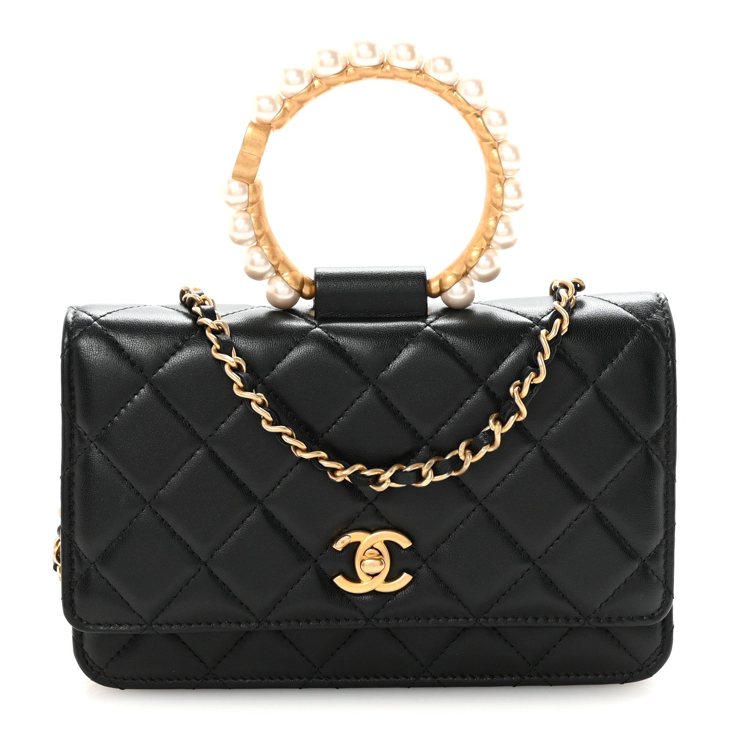 Lambskin Quilted Pearl Crown Wallet On Chain WOC Black