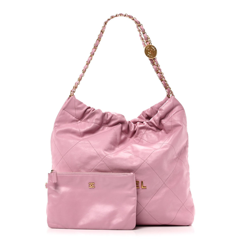 Shiny Calfskin Quilted Chanel 22 Drawstring Bag Pink