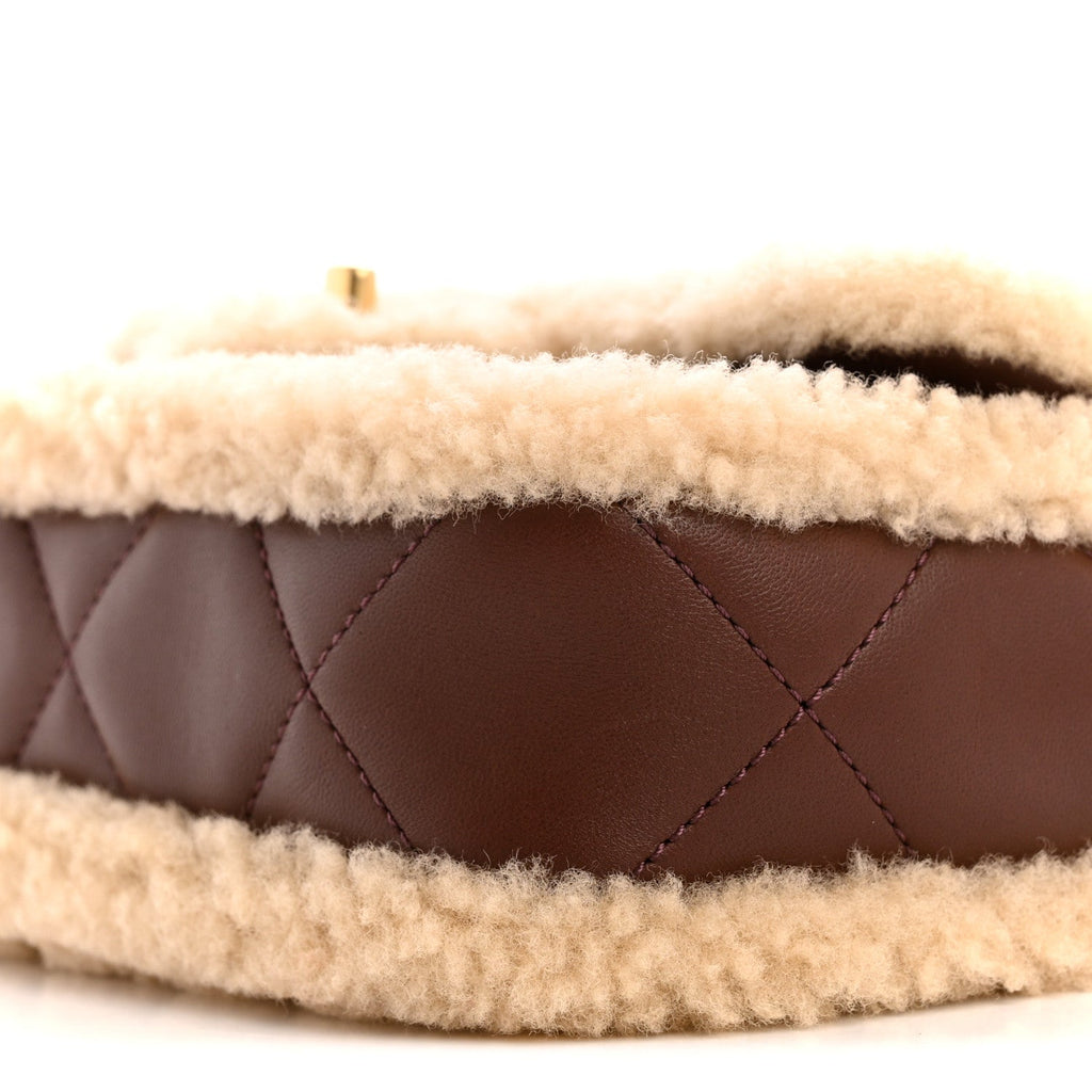 Shearling Lambskin Quilted Mini Furry Coco Flap Beige Brown