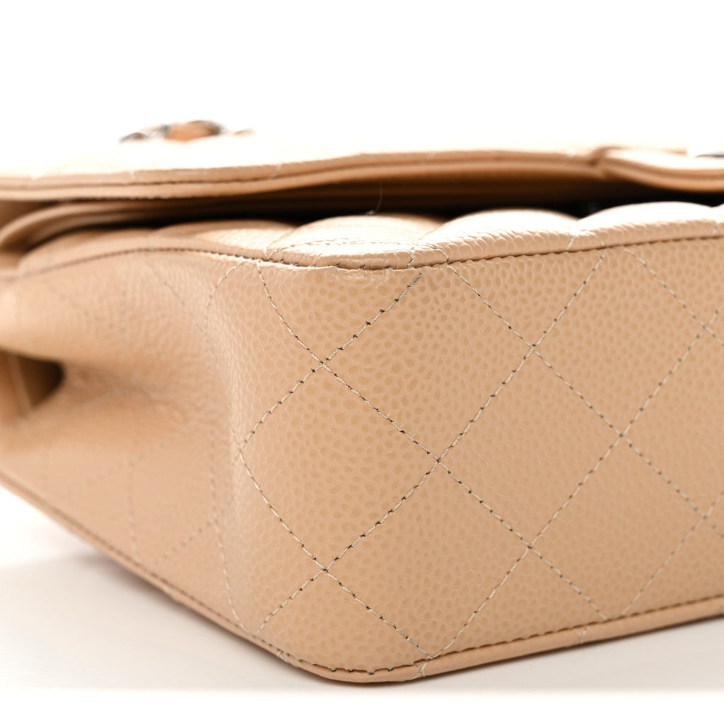 Caviar Quilted Medium Double Flap Beige