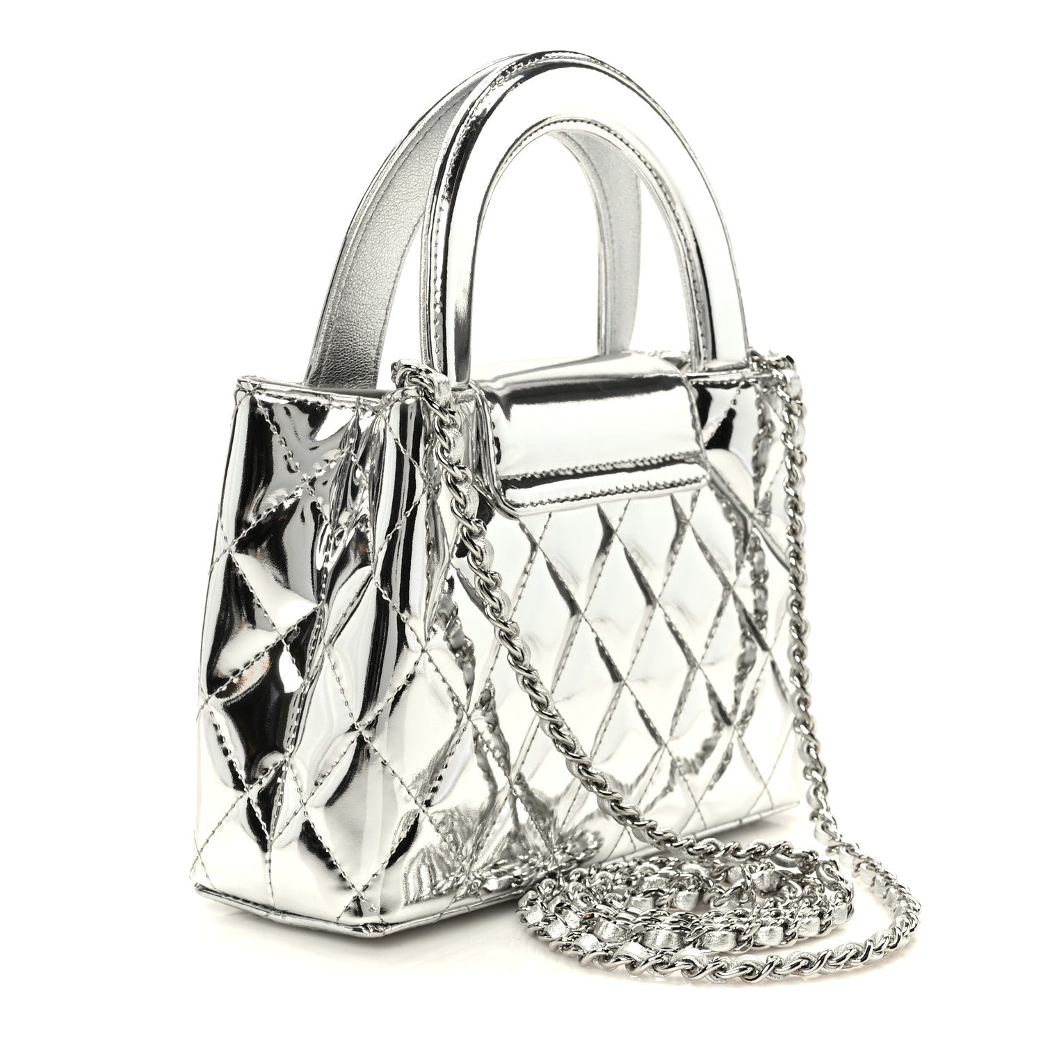 Mirror Calfskin Metallic Calfskin Quilted Nano Kelly Shopper Silvery