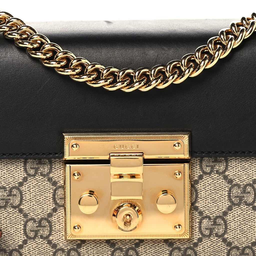 GG Supreme Monogram Calfskin Small Padlock Shoulder Bag Beige Black Cuir