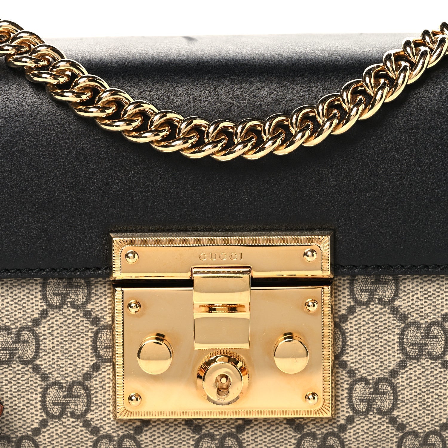 GG Supreme Monogram Calfskin Small Padlock Shoulder Bag Beige Black Cuir