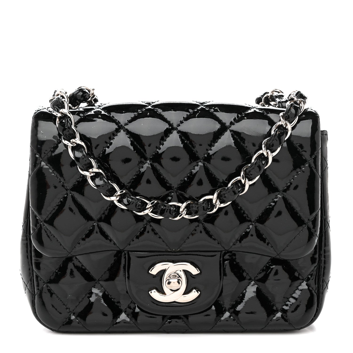 Patent Calfskin Quilted Mini Square Flap Black