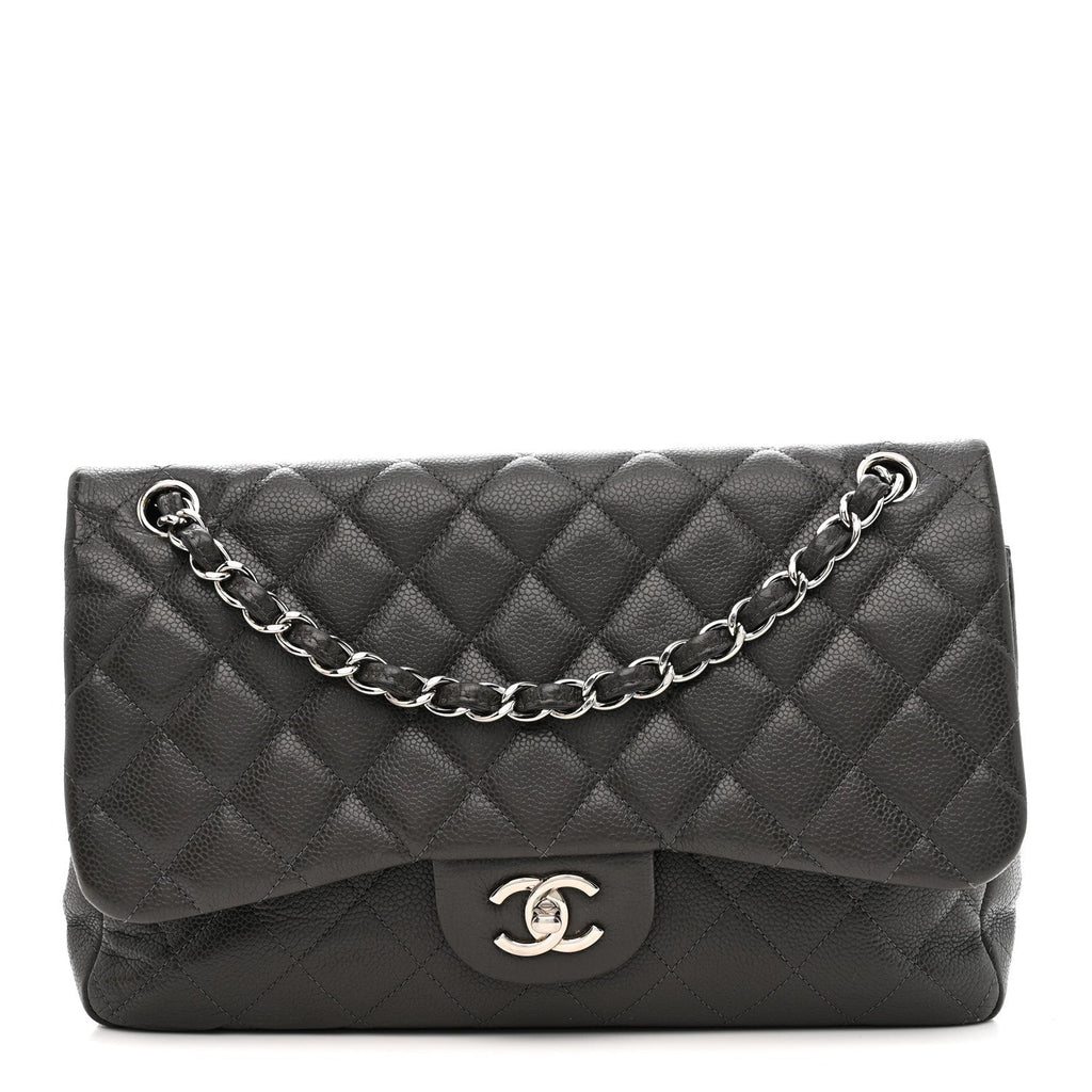 Caviar Quilted Jumbo Double Flap Grey