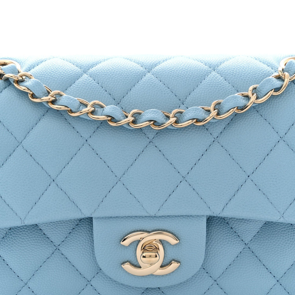 Caviar Quilted Small Double Flap Light Blue