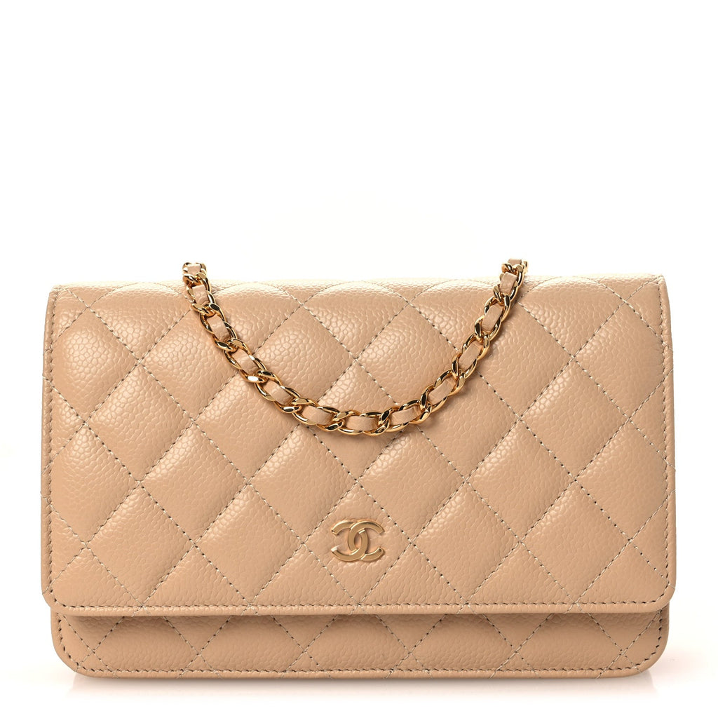 Caviar Quilted Wallet on Chain WOC Beige
