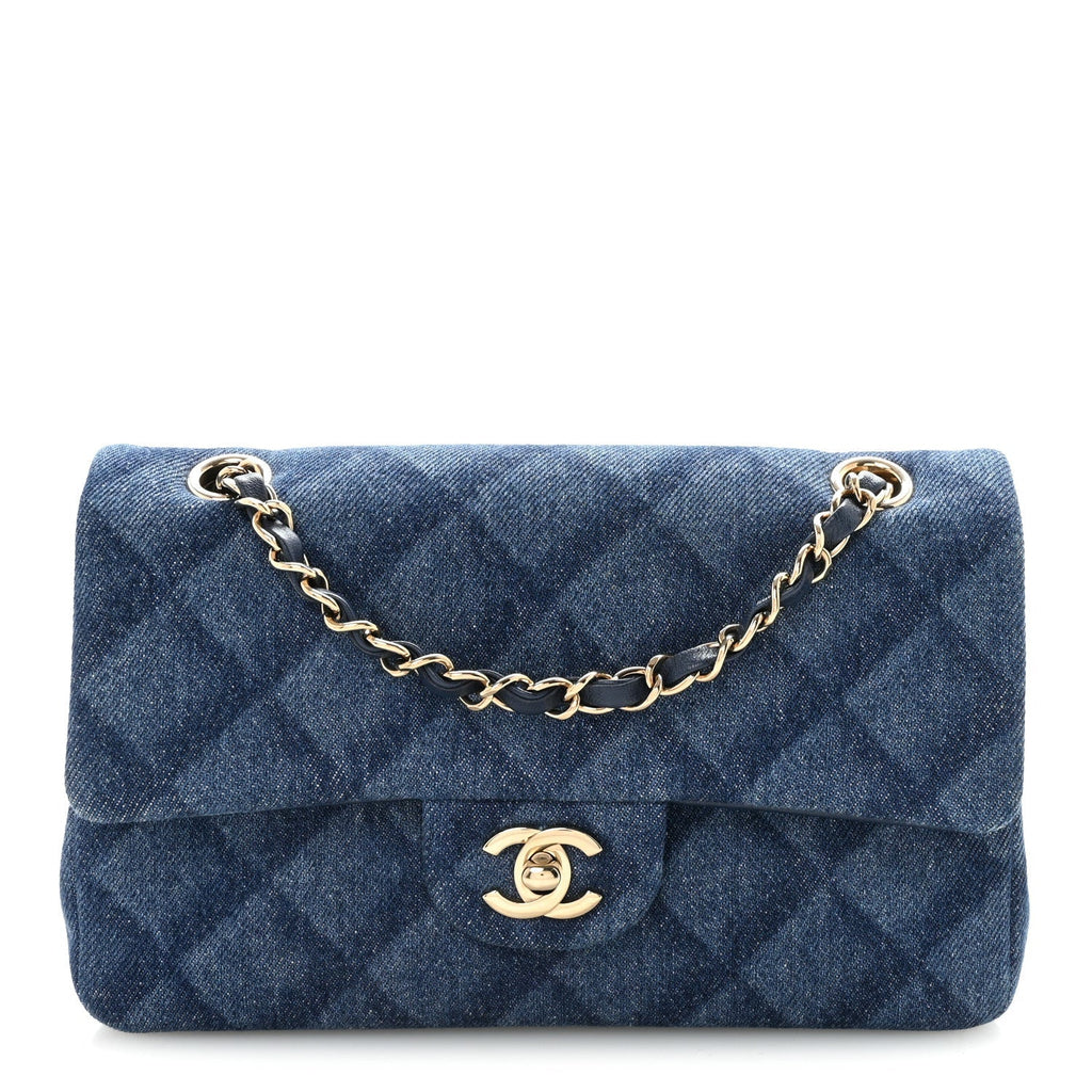 Printed Denim Quilted Small Double Flap Blue