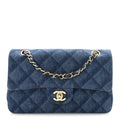 Printed Denim Quilted Small Double Flap Blue