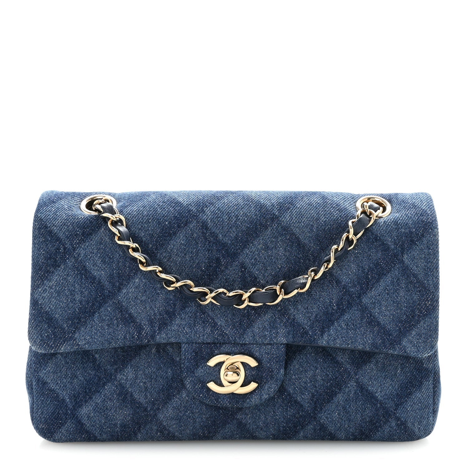 Printed Denim Quilted Small Double Flap Blue