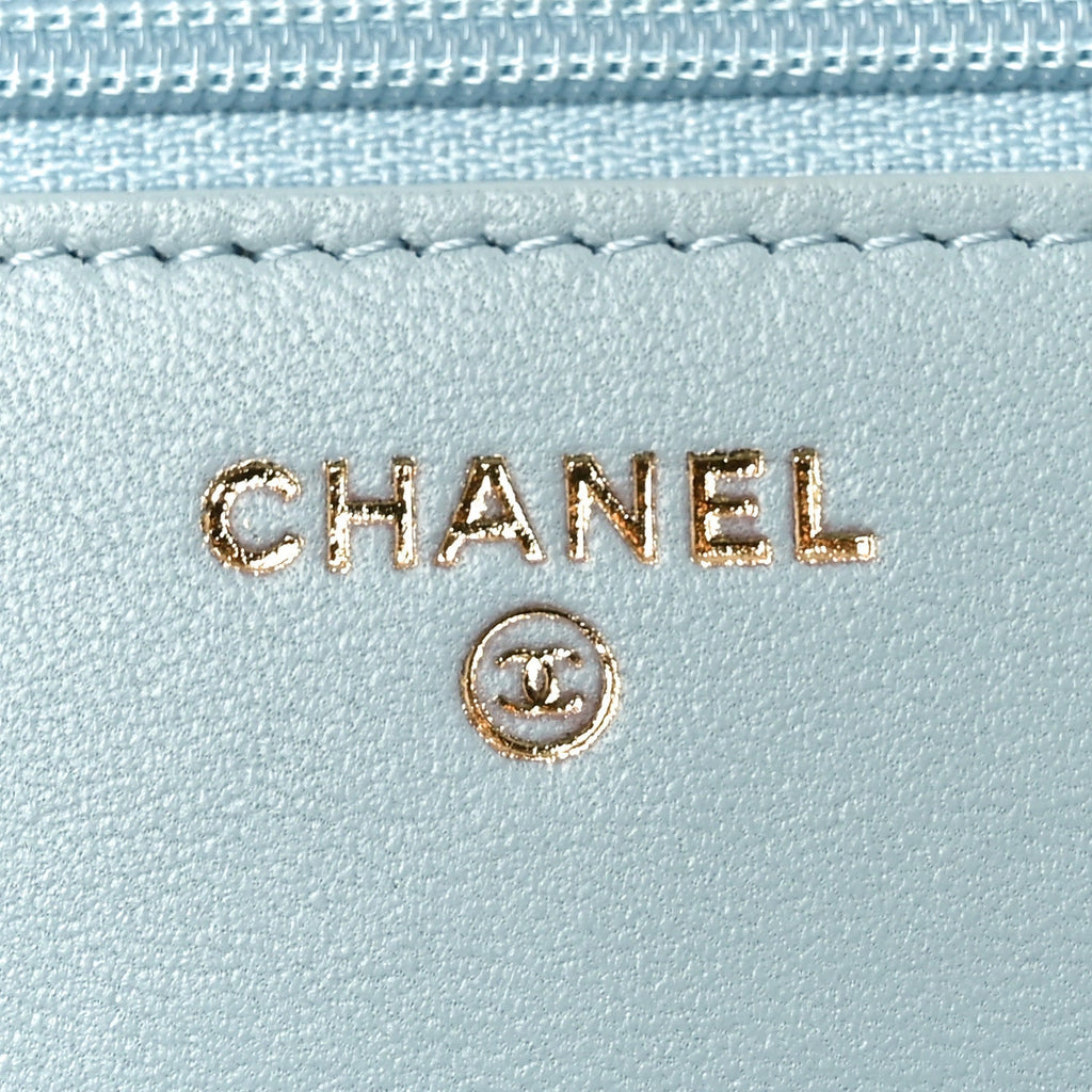 Lambskin Quilted Trendy CC Wallet On Chain WOC Light Blue