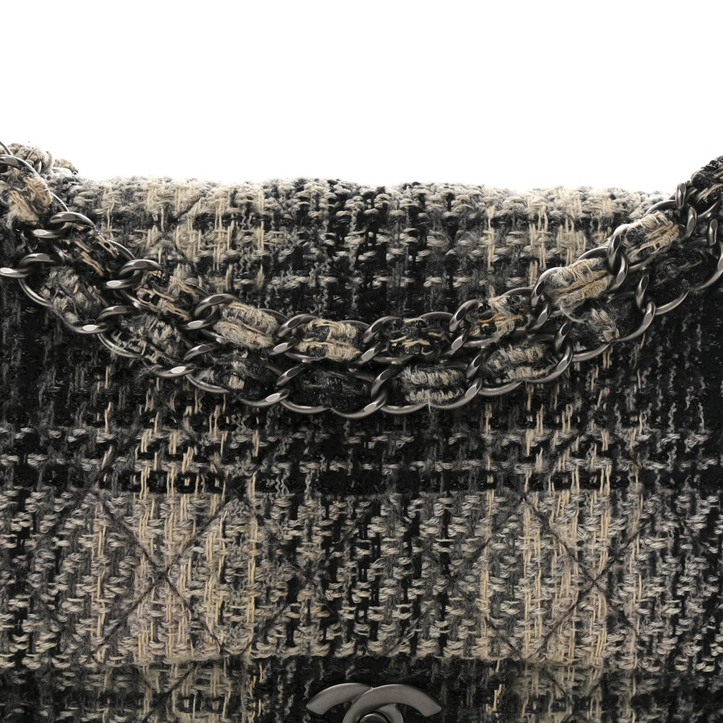 Tweed Quilted Medium Double Flap Beige White Black